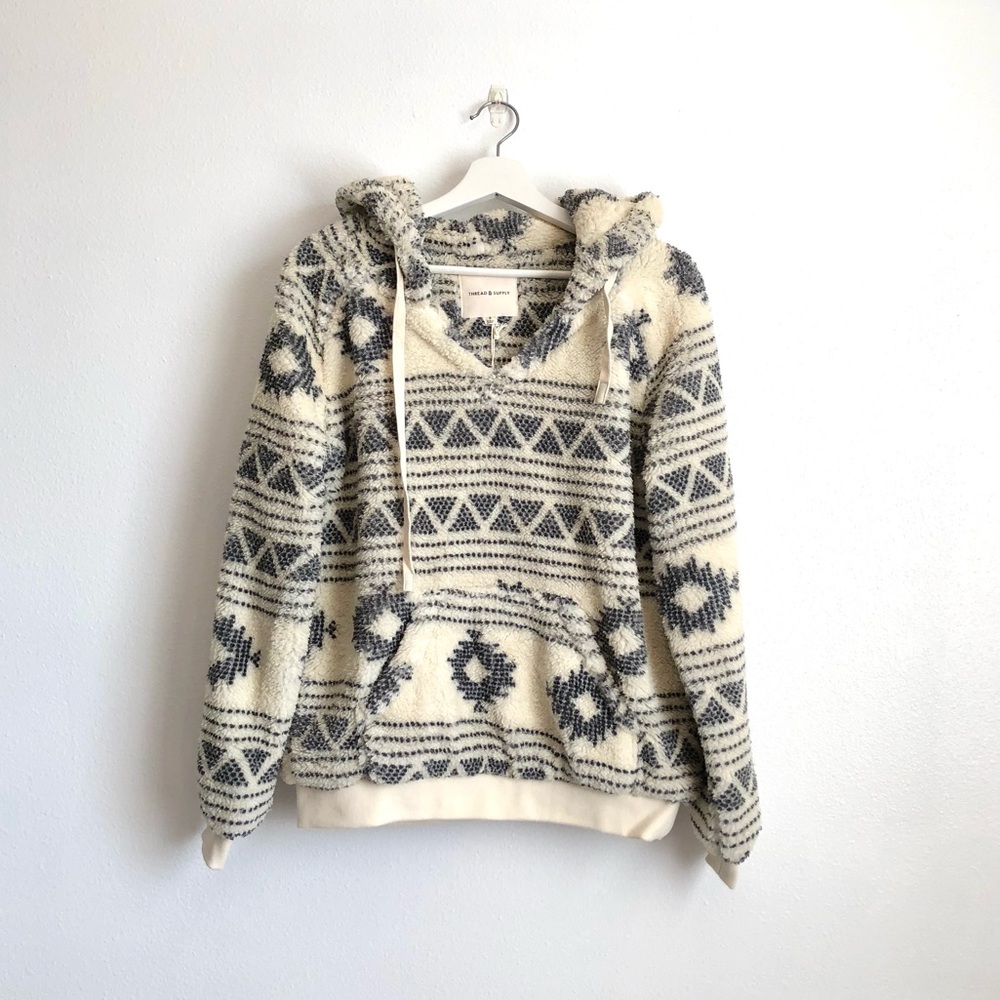NWT Thread & Supply Wubby Cream / Navy Blue Southwestern Sherpa Hoodie Sweater